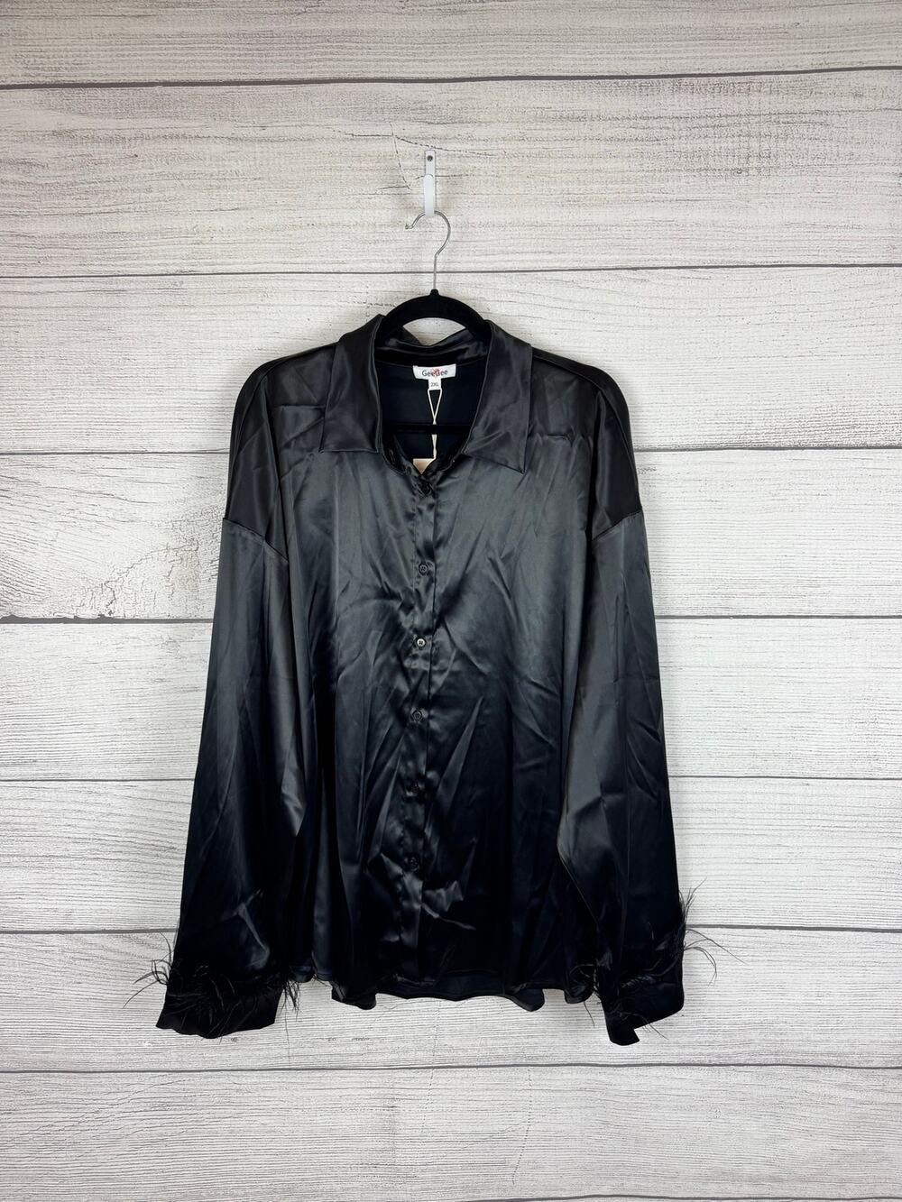 GeeGee Plus Size Black Satin Button Up Feather Cuff Top Size 2XL